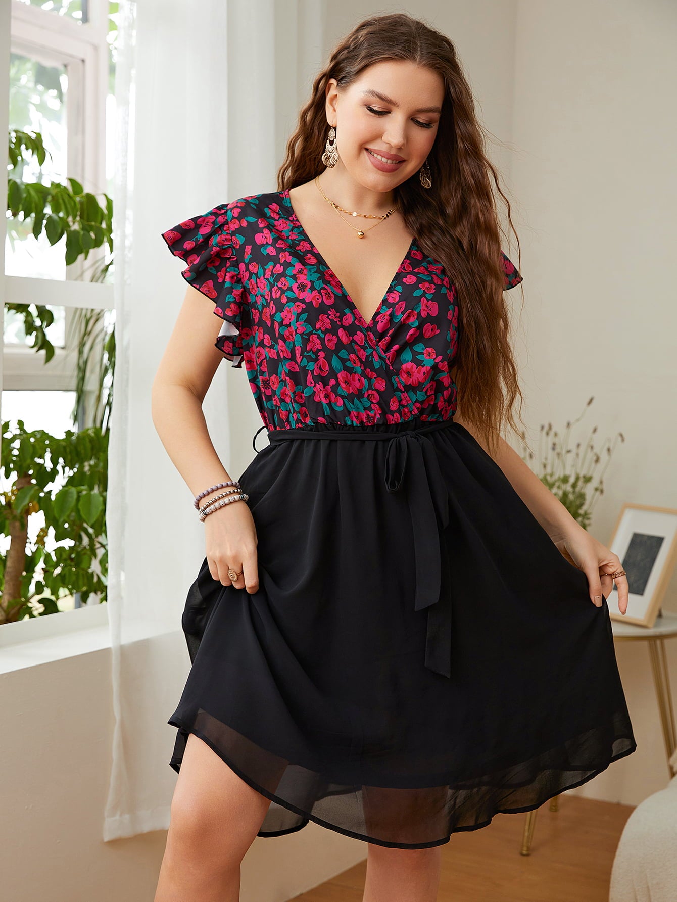 Honey Curve Surplice Floral Belted Dress with Flutter Sleeves Floral