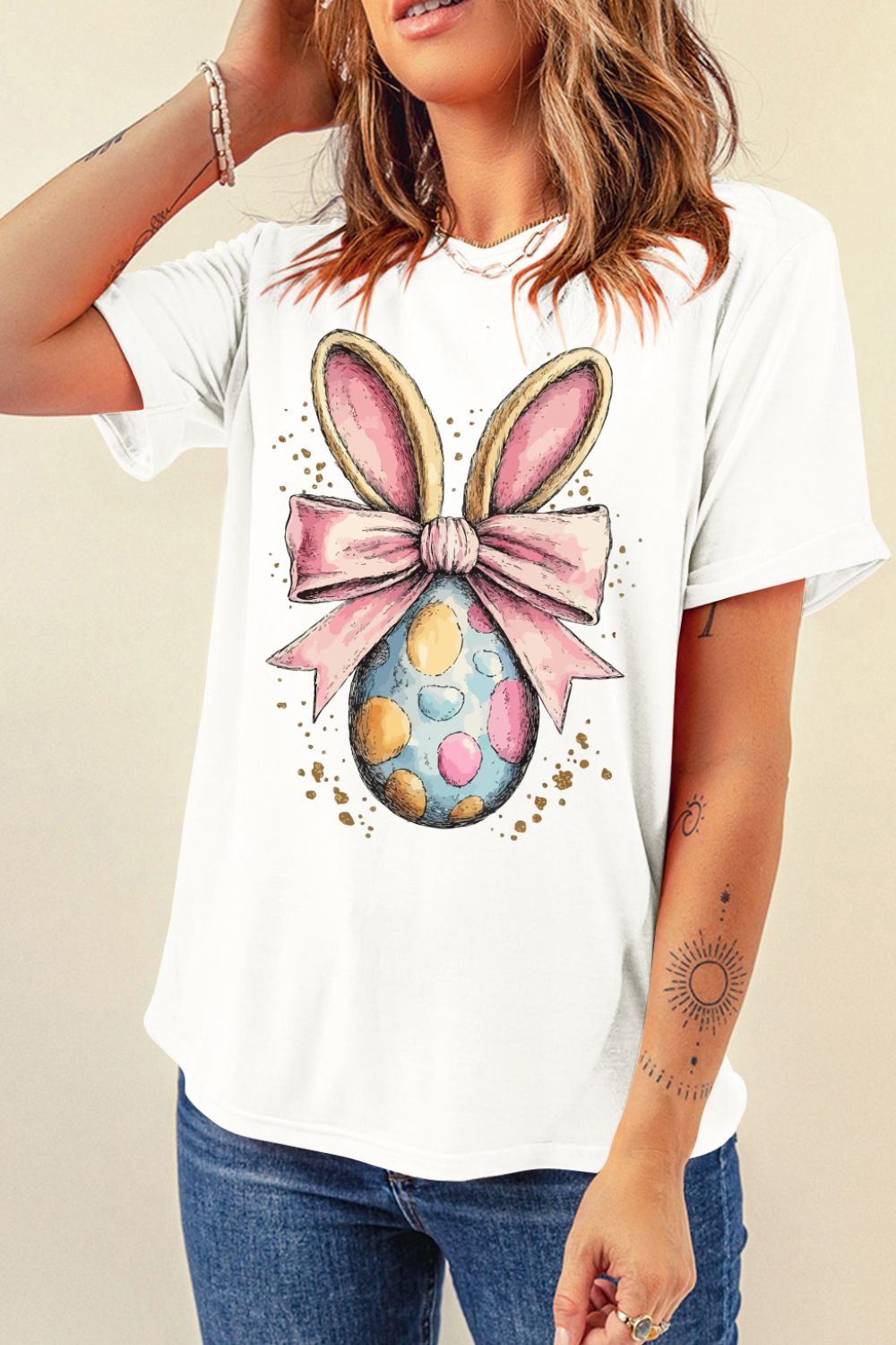 Easter Egg Bow Bunny Ear Graphic T-Shirt - Festive & Cute White