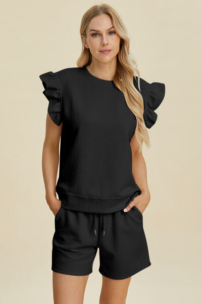 Textured Ruffle Sleeve Top & Shorts Set - Chic & Comfy Black