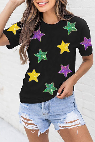 Sequin Stars Patched Round Neck T-Shirt - Casual Sparkle