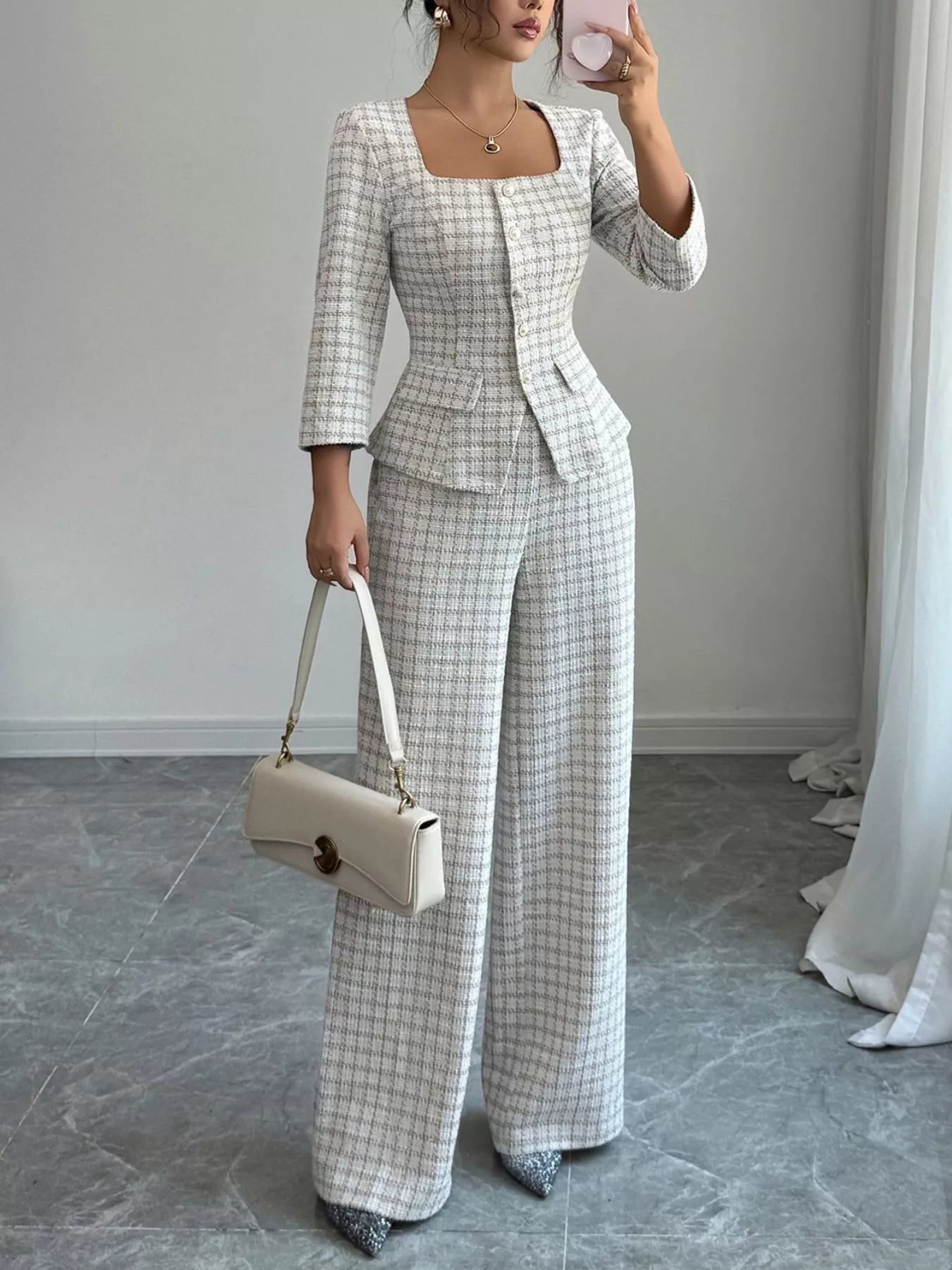 Plaid Square Neck Button-Up Top with Matching Pants Set