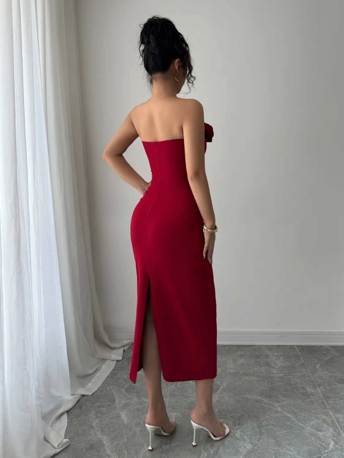 BloomBack Slit Back Floral Tube Midi Dress