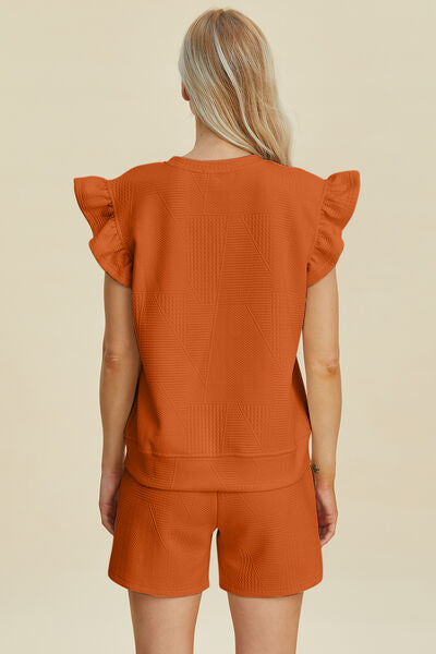 Textured Ruffle Sleeve Top & Shorts Set - Chic & Comfy