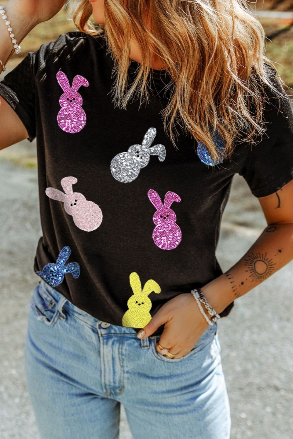 Sequin Bunny Doll T-Shirt - Sparkly Easter Short Sleeve Tee Black