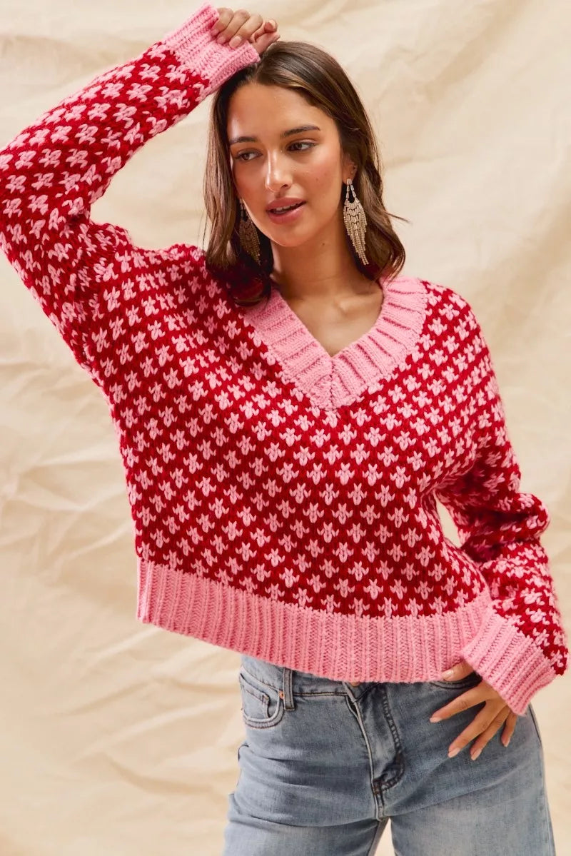 SO ME Color Block Textured V-Neck Christmas Sweater Top