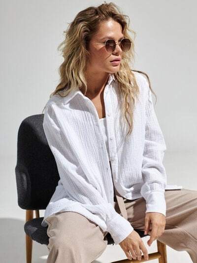 Textured Long Sleeve Collared Shirt - 100% Cotton White