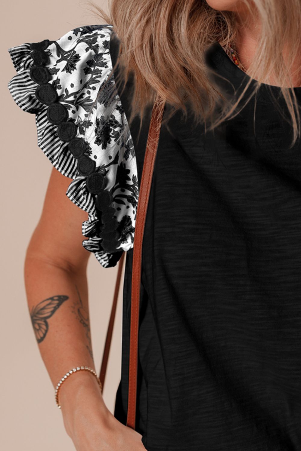 Round Neck Printed Ruffled Cap Sleeve Blouse - Chic & Feminine