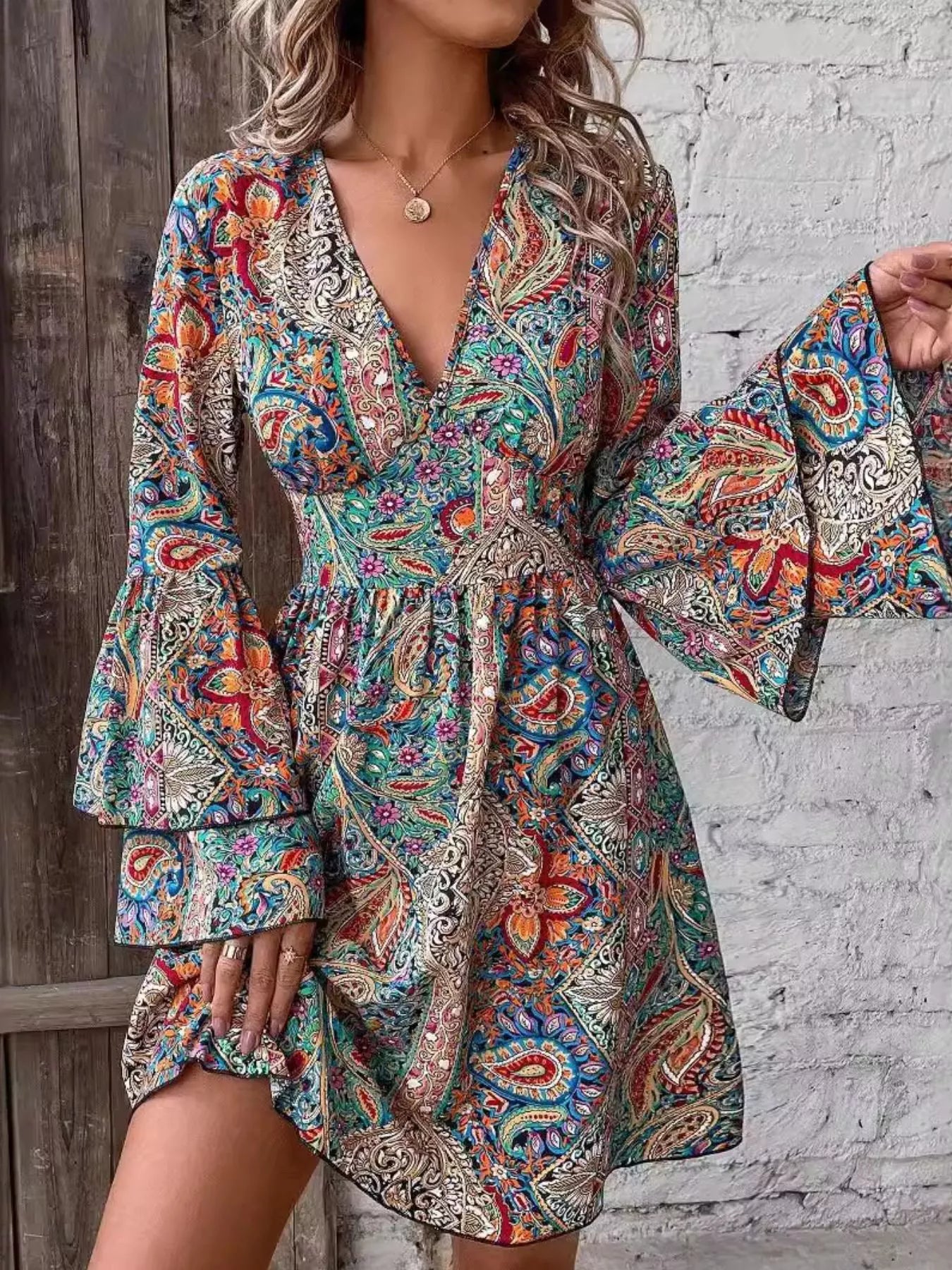 Paisley Print V-Neck Ruffled Flounce Sleeve Dress