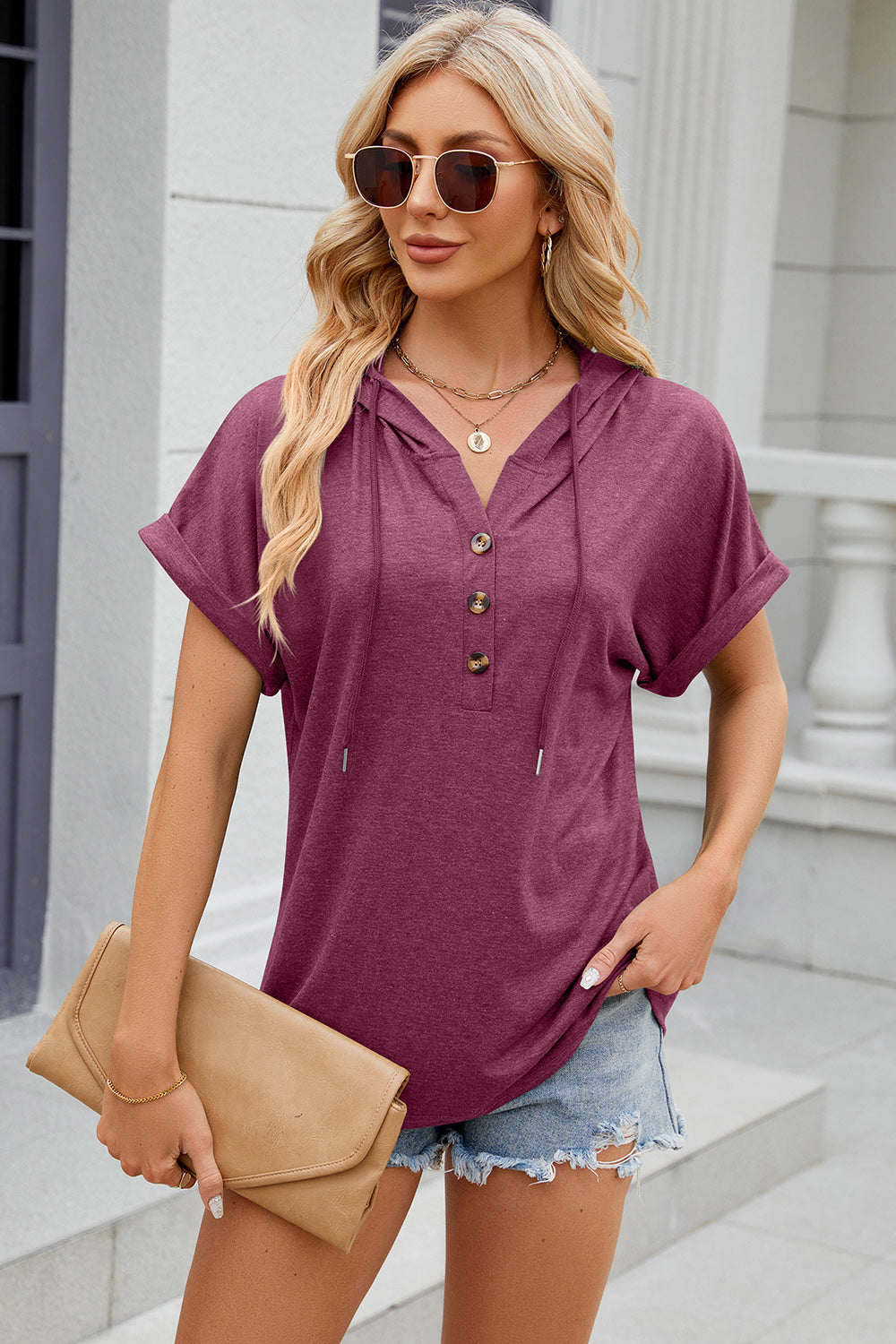 Florira Hooded Short Sleeve T-Shirt Deep Purple