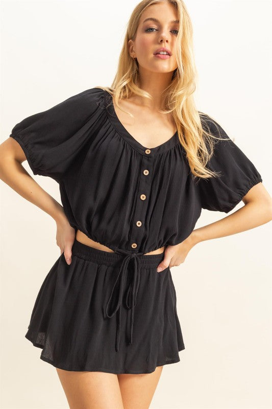Drawstring Hem Short Sleeve Top & Skort Set - Chic & Trendy Black