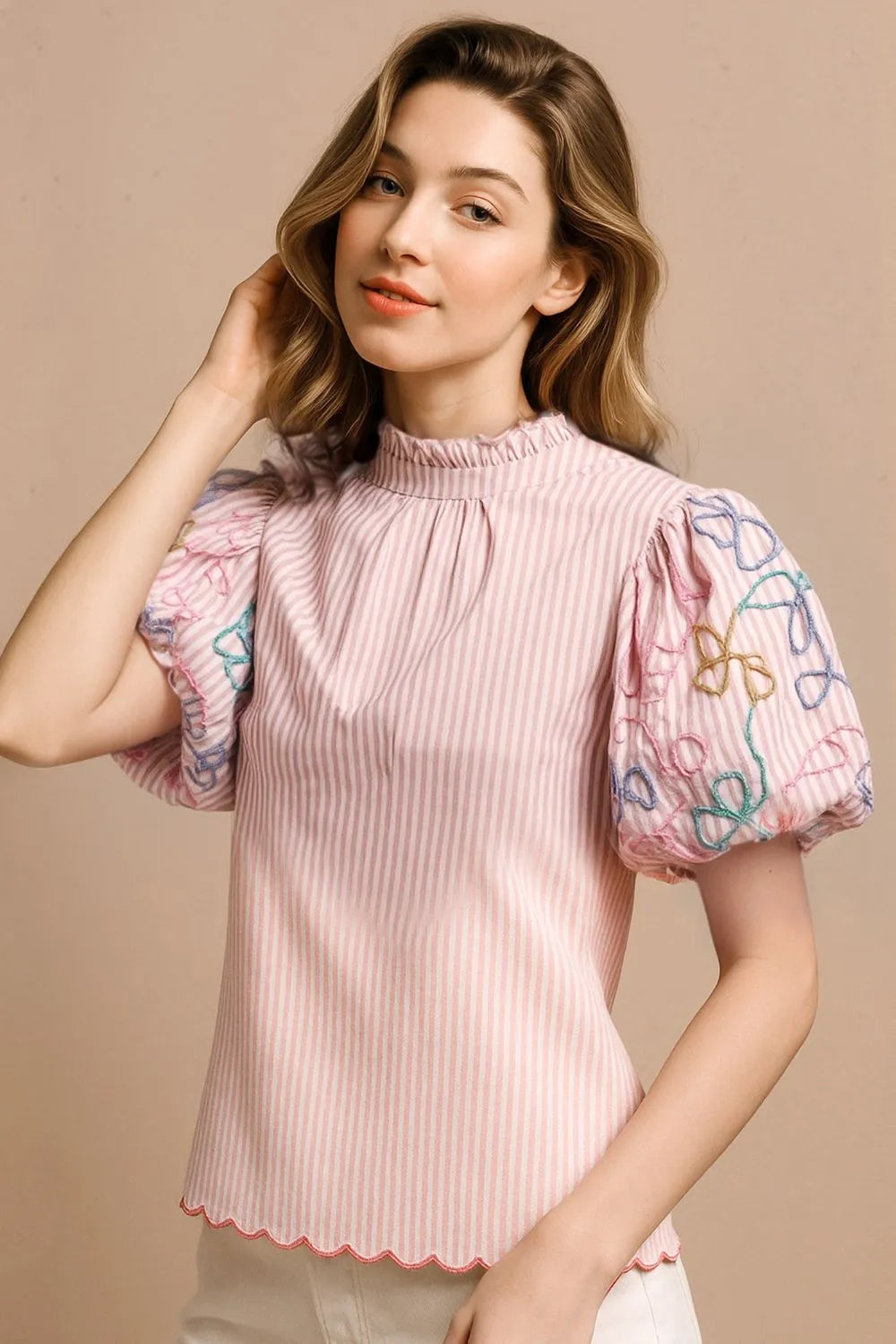 BiBi Embroidery Bubble Sleeve Top With Bottom Scallop Detail Rose Pink