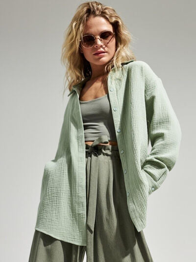 Textured Long Sleeve Collared Shirt - 100% Cotton Light Green