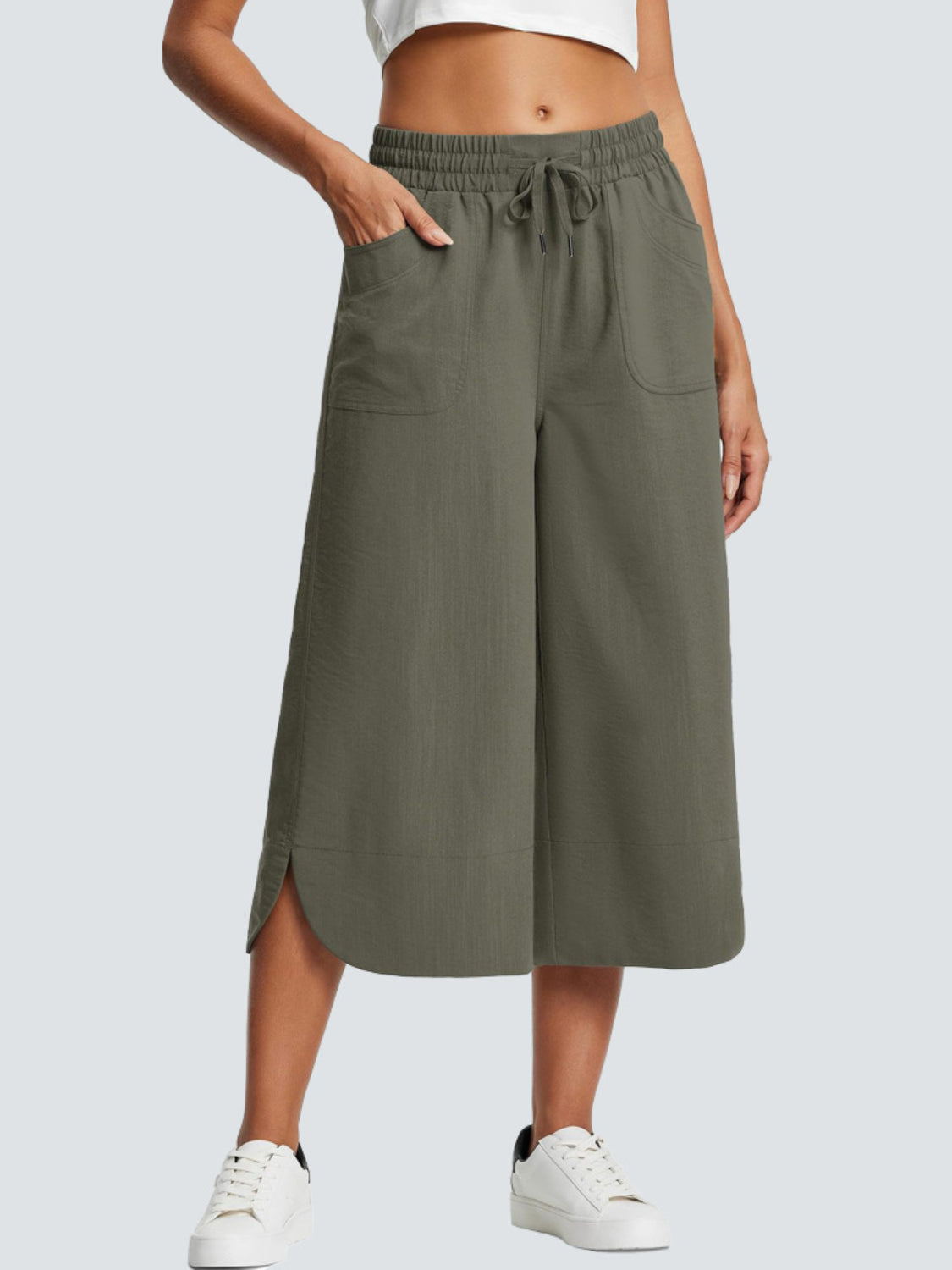 Cross Wide Leg Jeans with Pockets & Drawstring - Plus Size Available Army Green