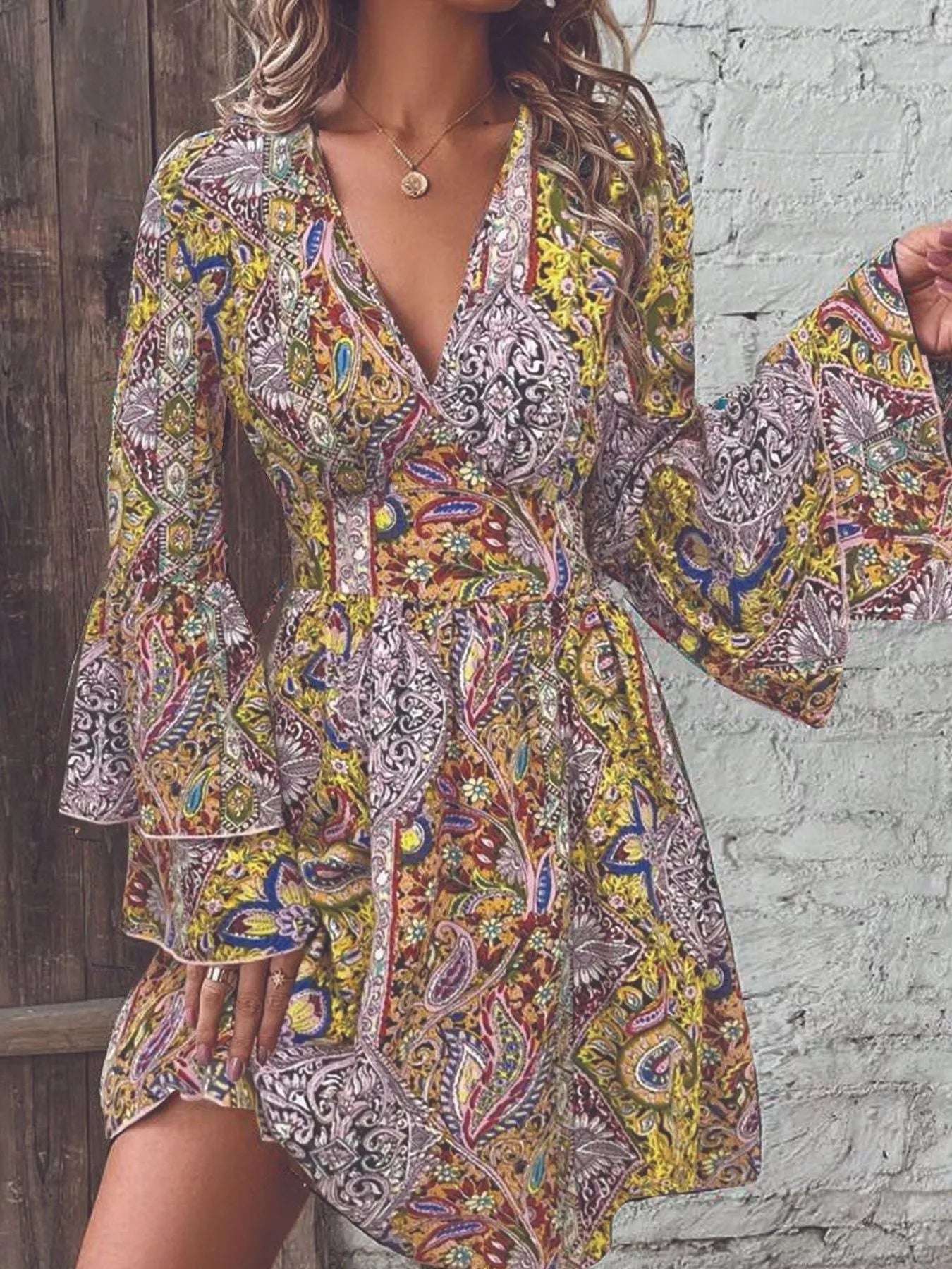 Paisley Print V-Neck Ruffled Flounce Sleeve Dress Yellow