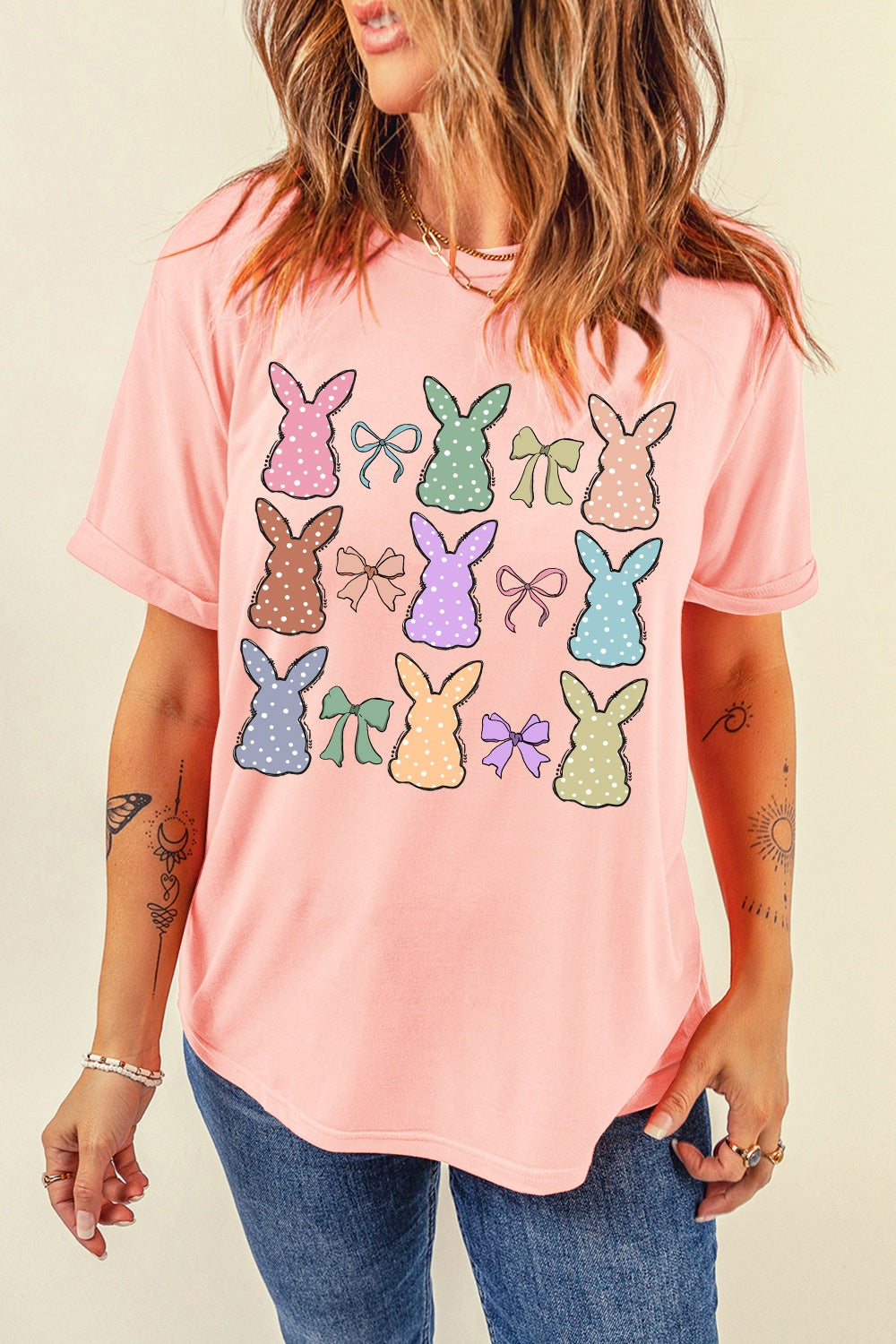 Dotty Bunny Bow Graphic T-Shirt - Cute Easter Tee for Women