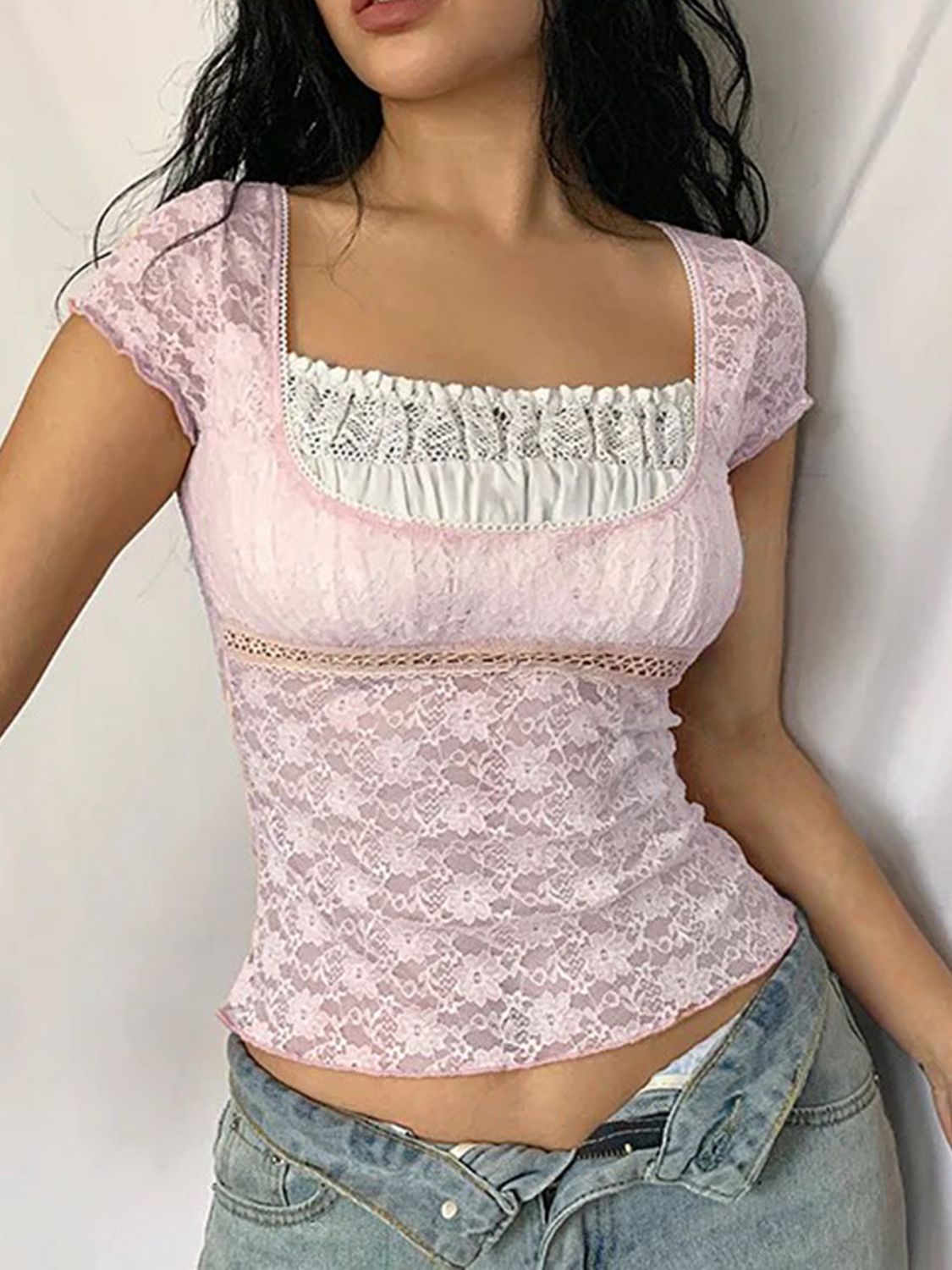 Devine Lace Square Neck Short Sleeve Top - Elegant & Feminine