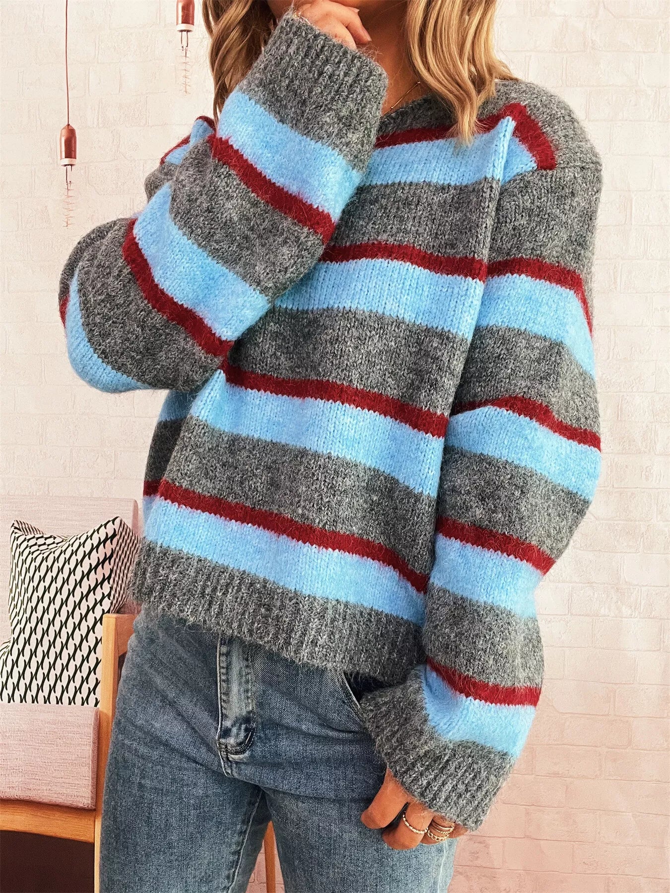 Striped Ribbed Round Neck Long Sleeve Sweater Gray One size