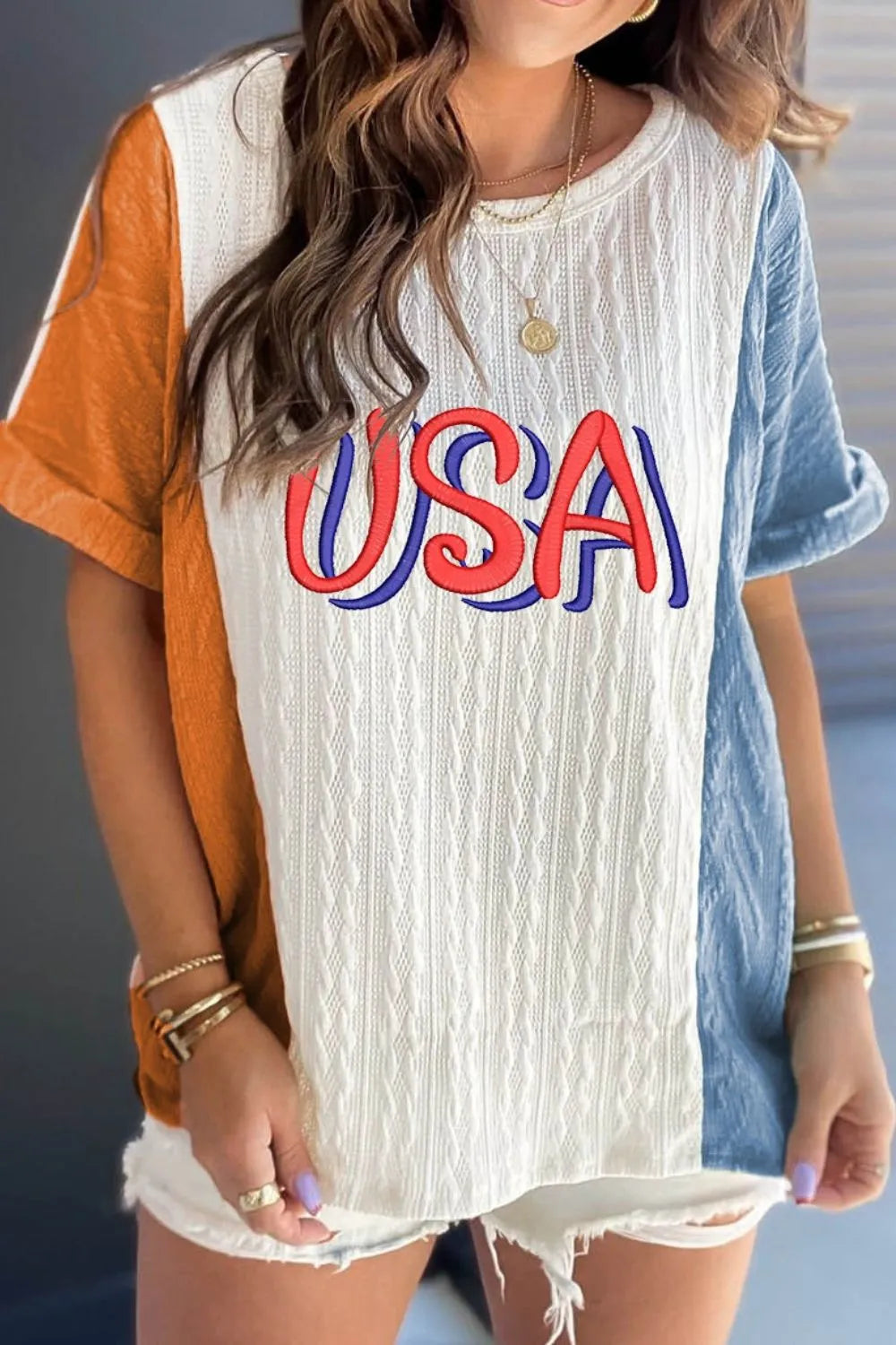 USA Embroidered Color Block Knit Tee with Cuffed Sleeves White