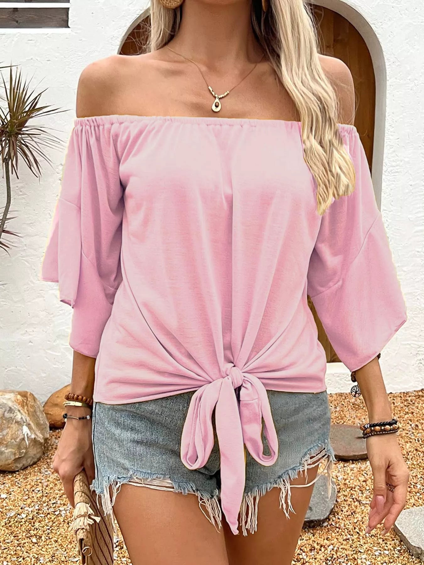 Off-Shoulder Tie-Front Casual T-Shirt