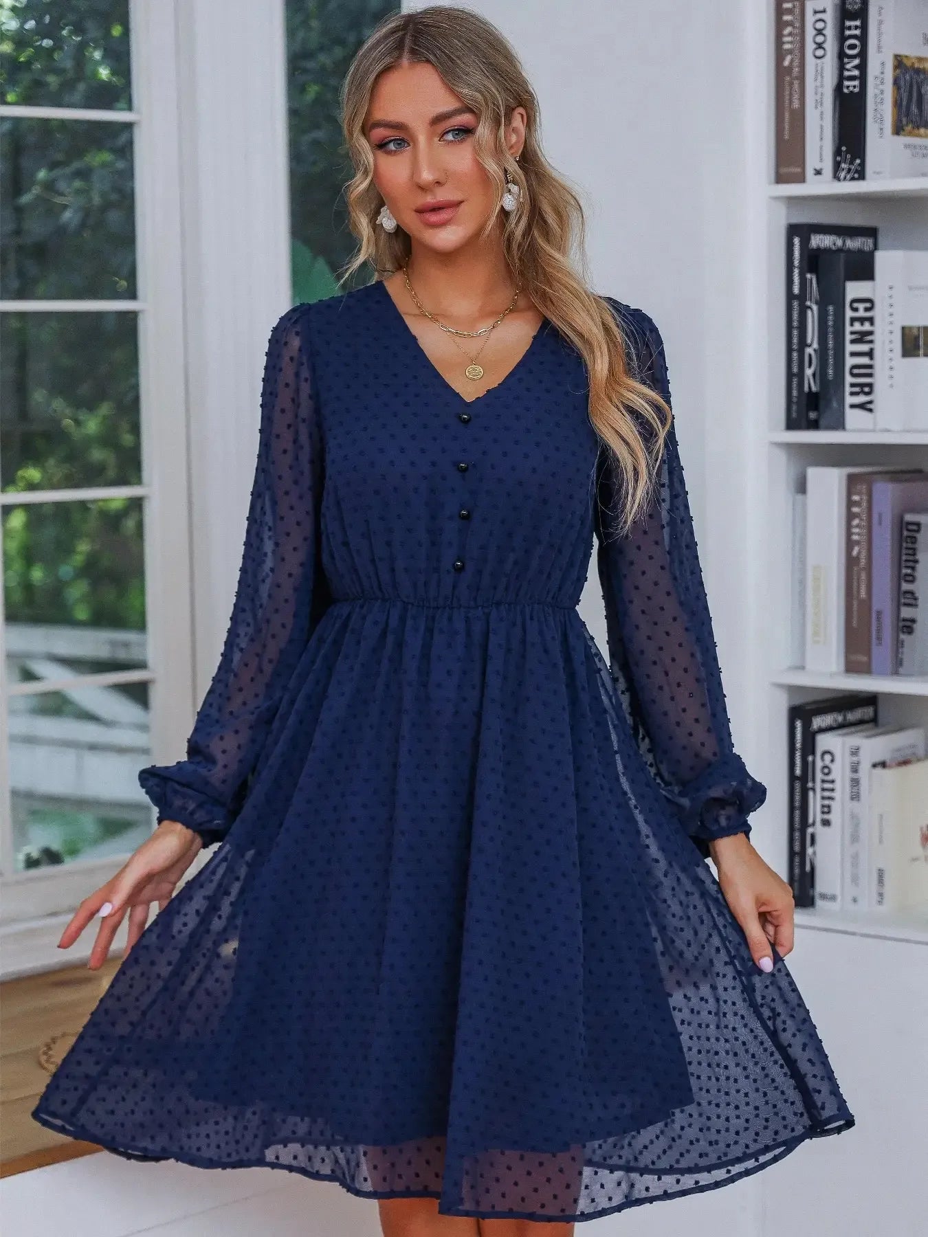 Swiss Dot Mesh V-Neck Dress with Balloon Sleeves