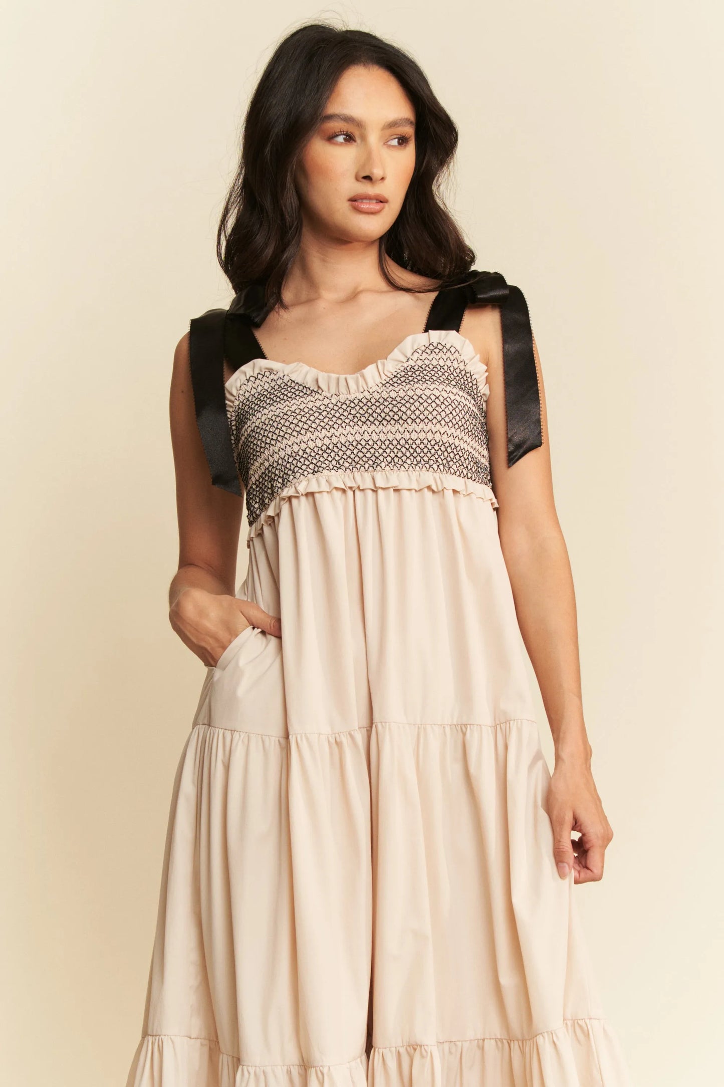 Davi & Dani Multi-Contrast Maxi Dress with Smocked Bodice