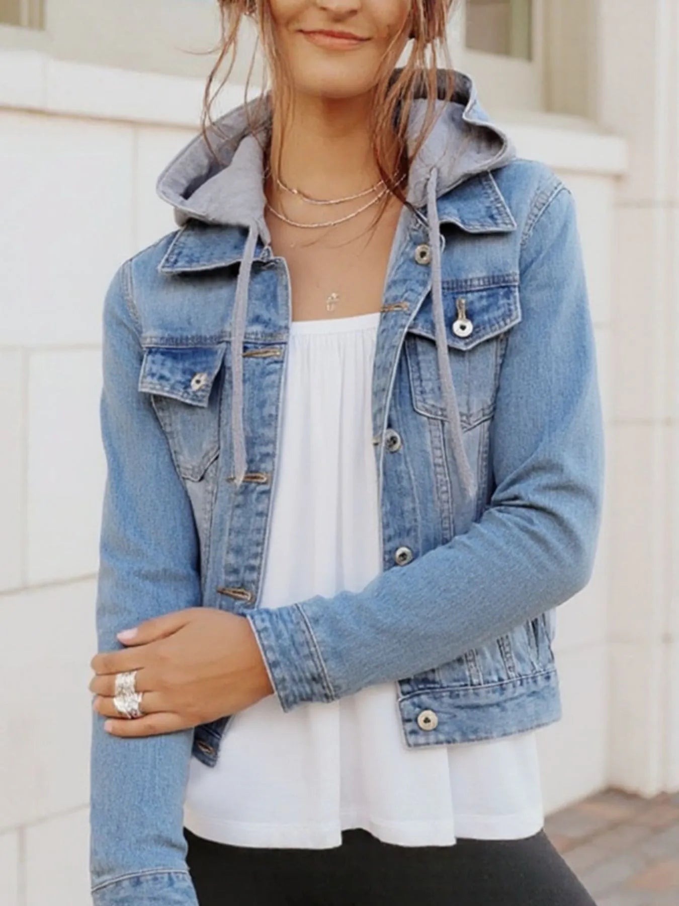 Plus Size Hooded Drawstring Denim Jacket with Button-Up Front Light Blue
