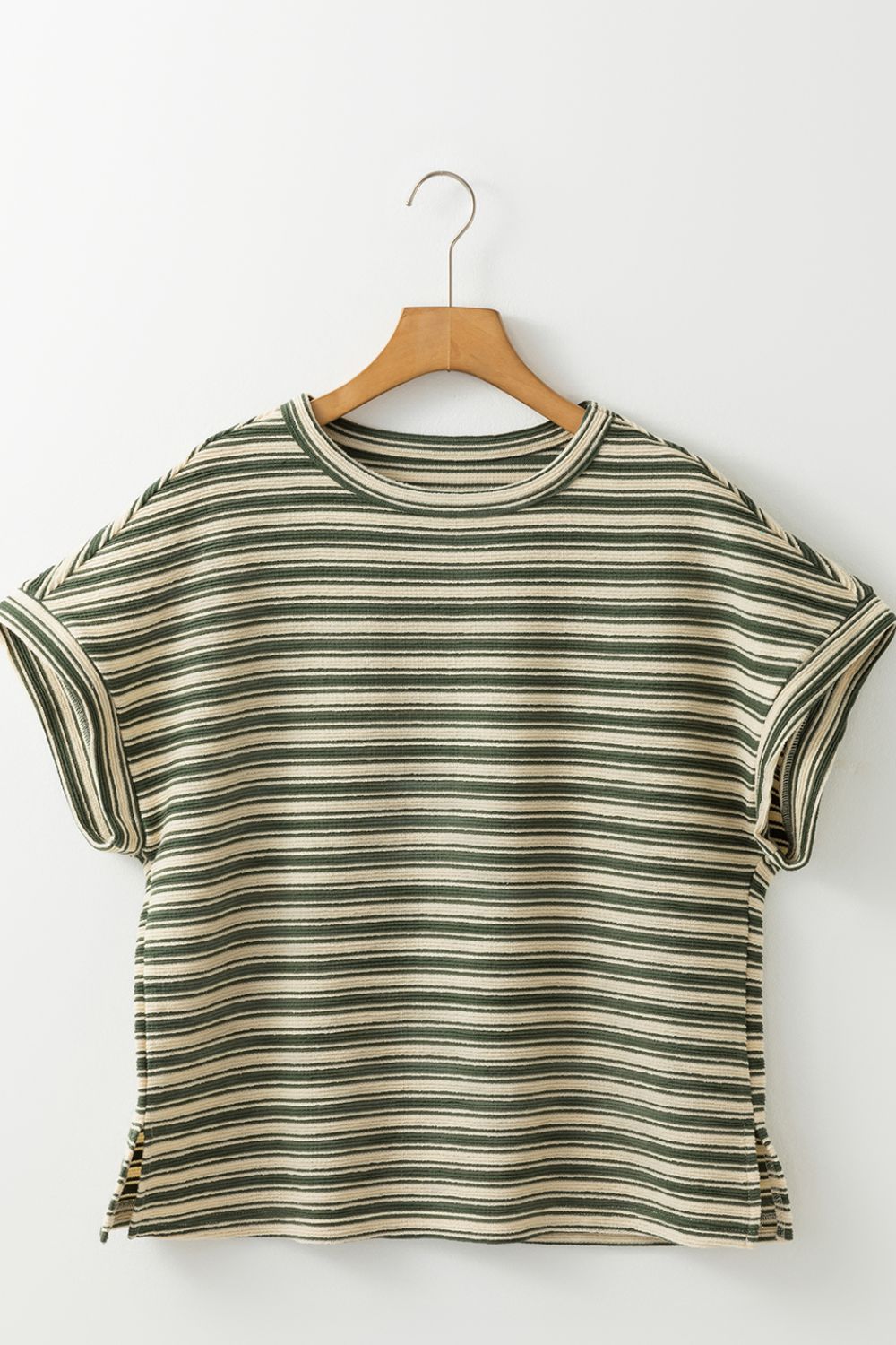 Stripe Textured Crew Neck T-Shirt with Side Slits - Relaxed Fit