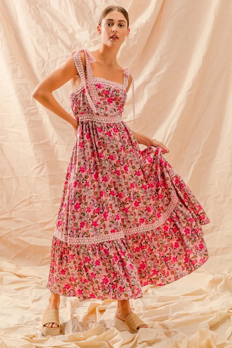 SO ME Floral Maxi Dress with Ribbon Tie Lace Strap – Boho Summer Tiered Dress