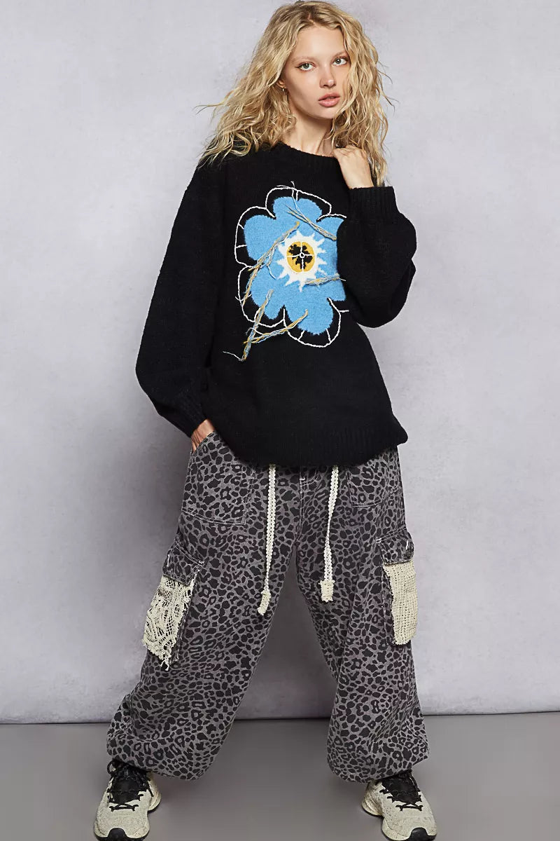 POL BloomCraze Floral Fringe Knit Sweater