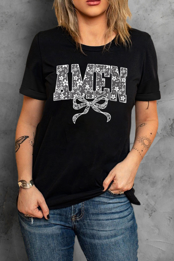 AMEN Bow Round Neck Short Sleeve T-Shirt - Casual & Stylish