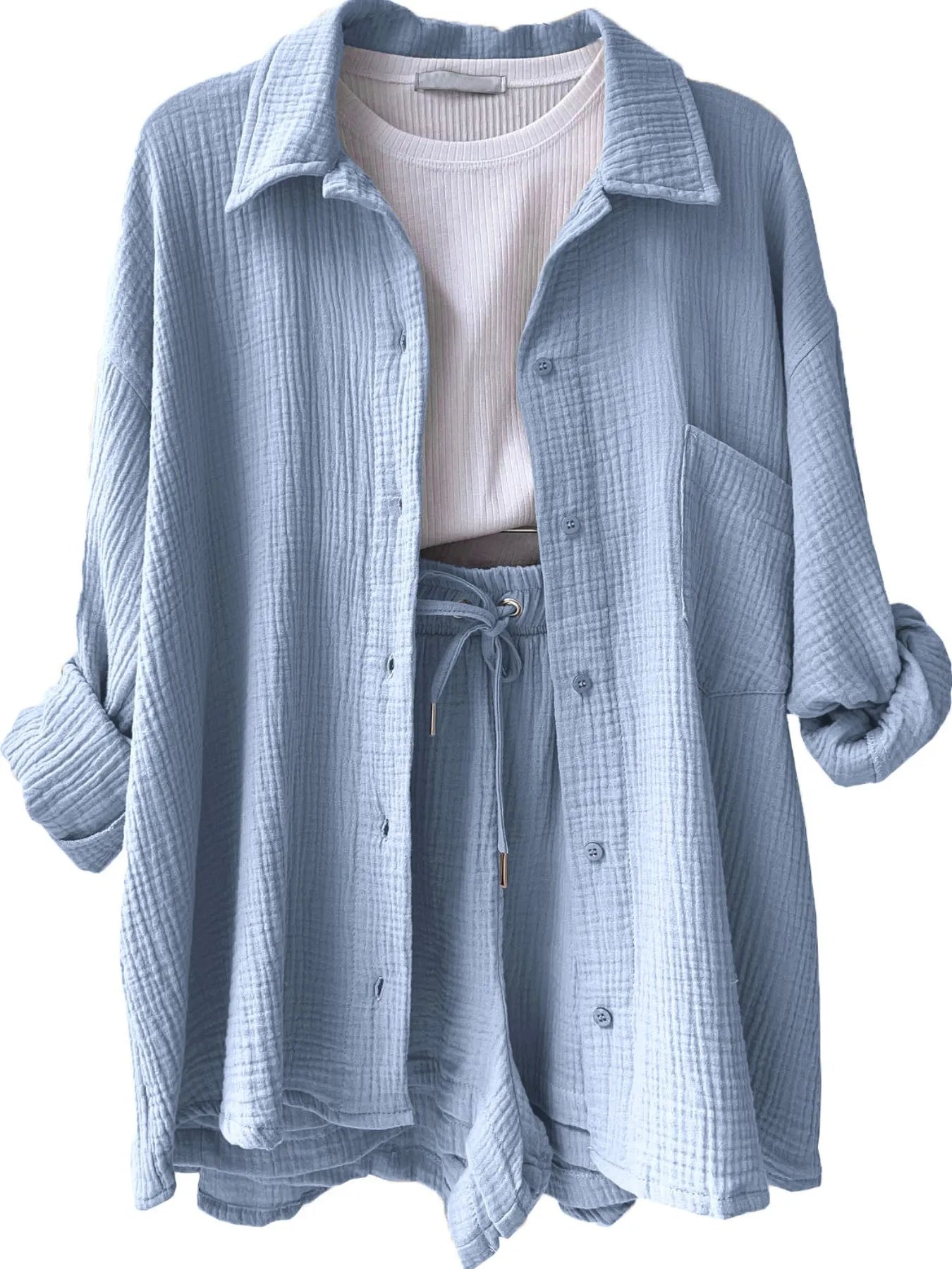 Chic Textured Button-Up Shirt & Shorts Two-Piece Set Light Blue