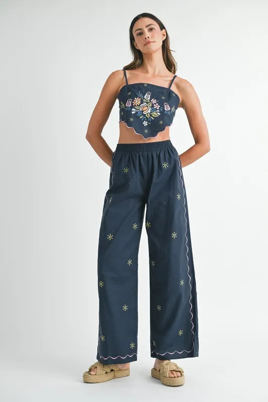 MABLE Elegant Linen Embroidered Scarf Top & Pants Set
