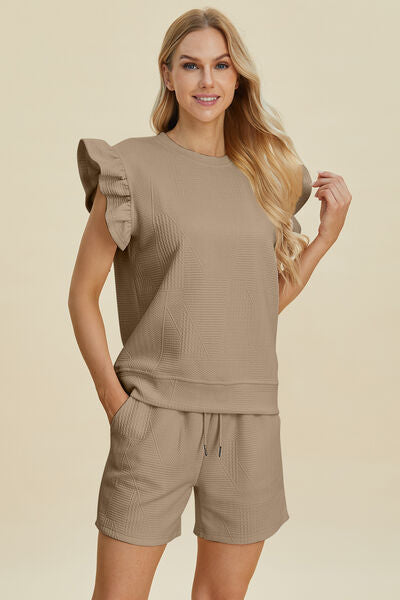 Textured Ruffle Sleeve Top & Shorts Set - Chic & Comfy Khaki