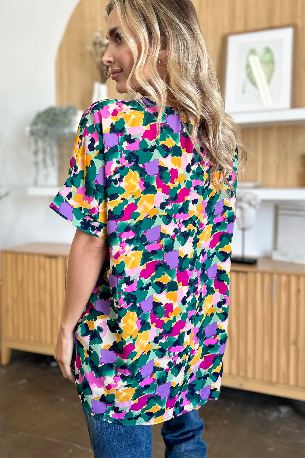 Double Take Plus Size Printed V-Neck Slit Top – Flowy & Chic