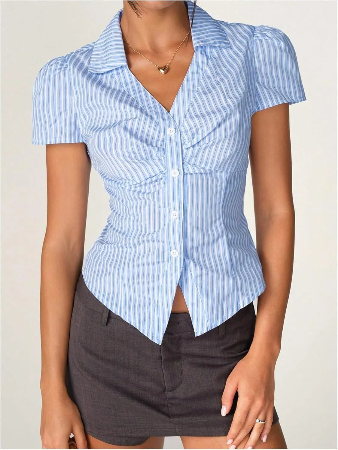 Striped Short Sleeve Button-Up Shirt with Collared Neck Light Blue