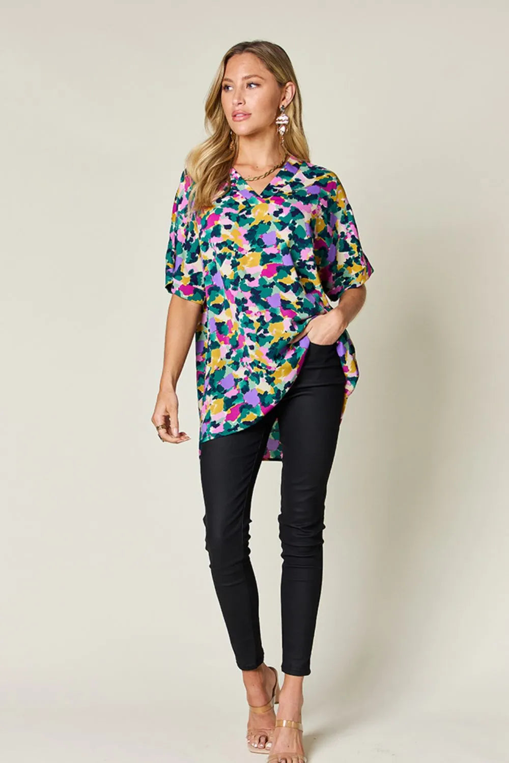 Double Take Plus Size Printed V-Neck Slit Top – Flowy & Chic