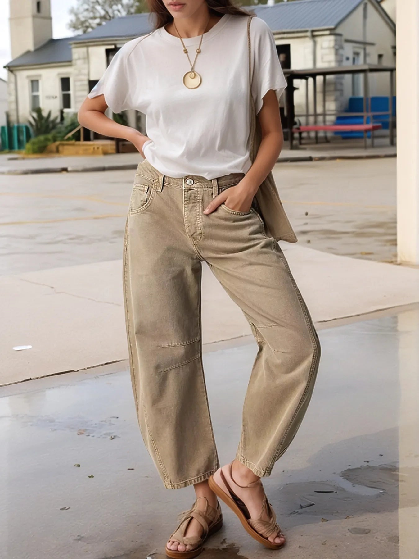 Wide Leg Relaxed Fit Jeans – High Comfort Cotton Blend Denim Light Khaki