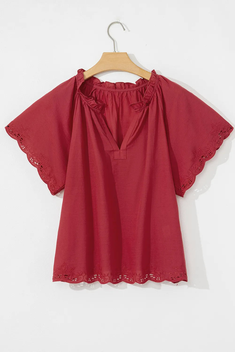 Floral Embroidered Scallop Trim Cotton Blouse