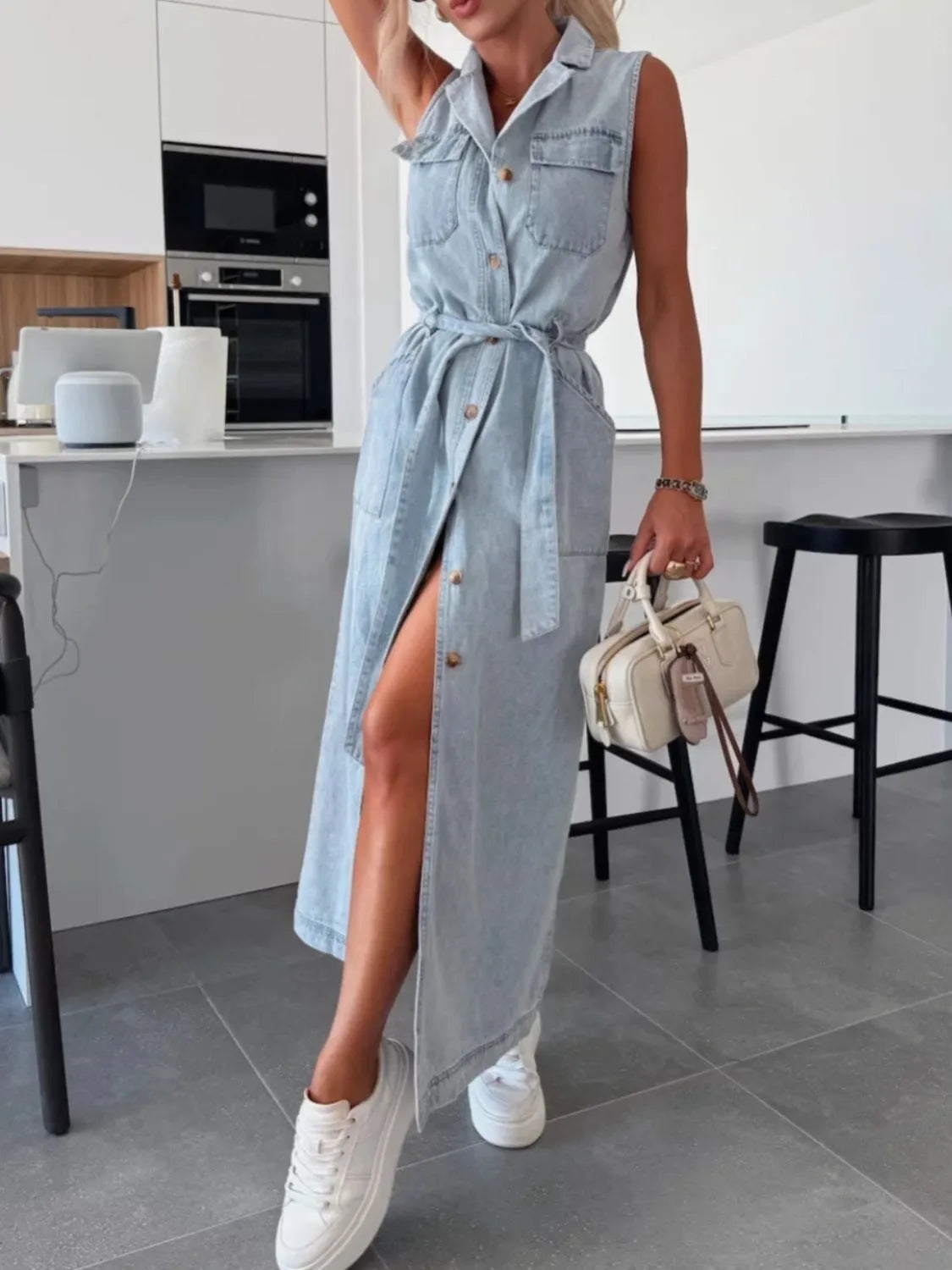 Sleeveless Button-Front Denim Maxi Dress with Belt