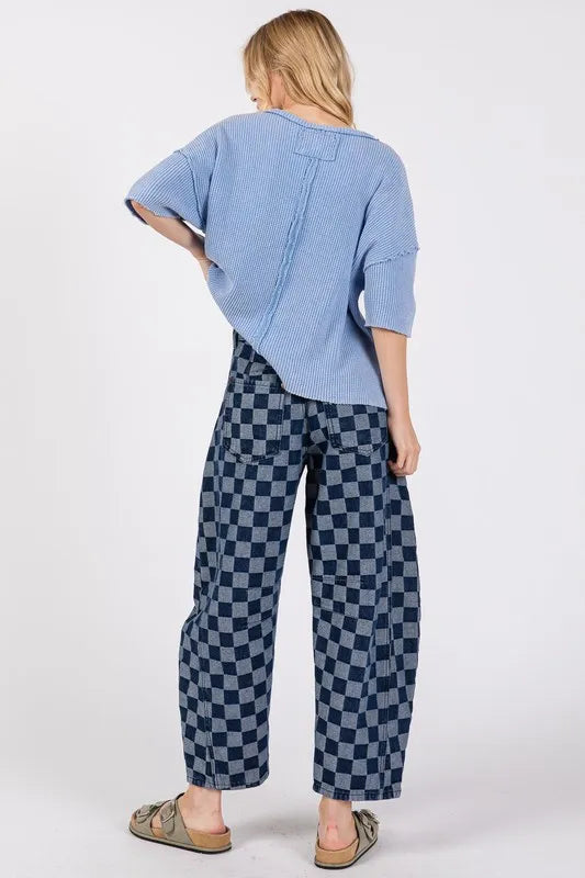 SAGE+FIG Checkered Barrel Leg Statement Jeans