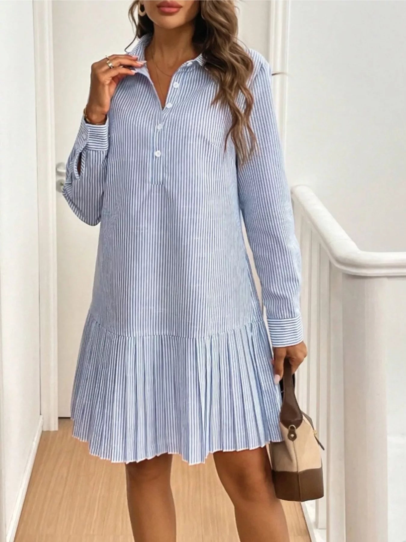 Classic Striped Pleated Hem Button-Up Shirt Dress