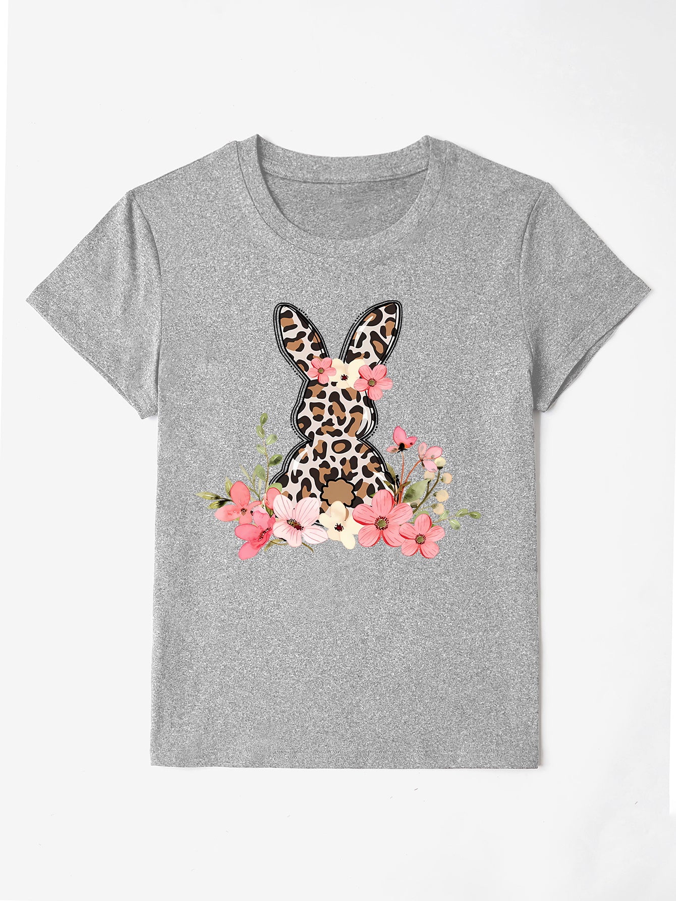 Rabbit Round Neck T-Shirt - Cute & Casual Print Tee Gray