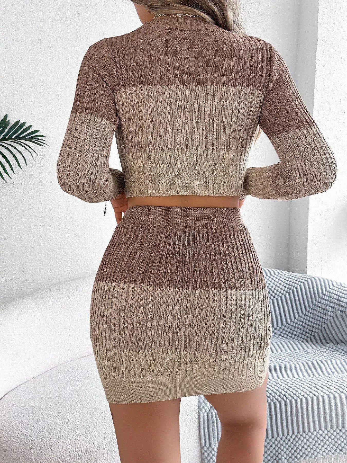 Color Block Ribbed Knit Sweater Top & Skirt Set