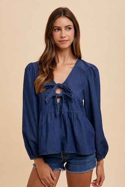 Annie Wear Tie-Front Peplum Denim Blouse - Chic & Feminine