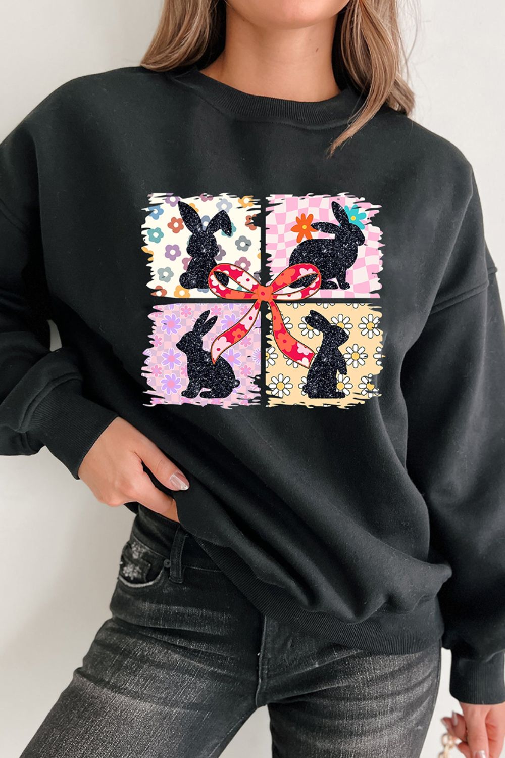Floral Bunny Plaid Bow Easter Sweatshirt - Festive & Cozy