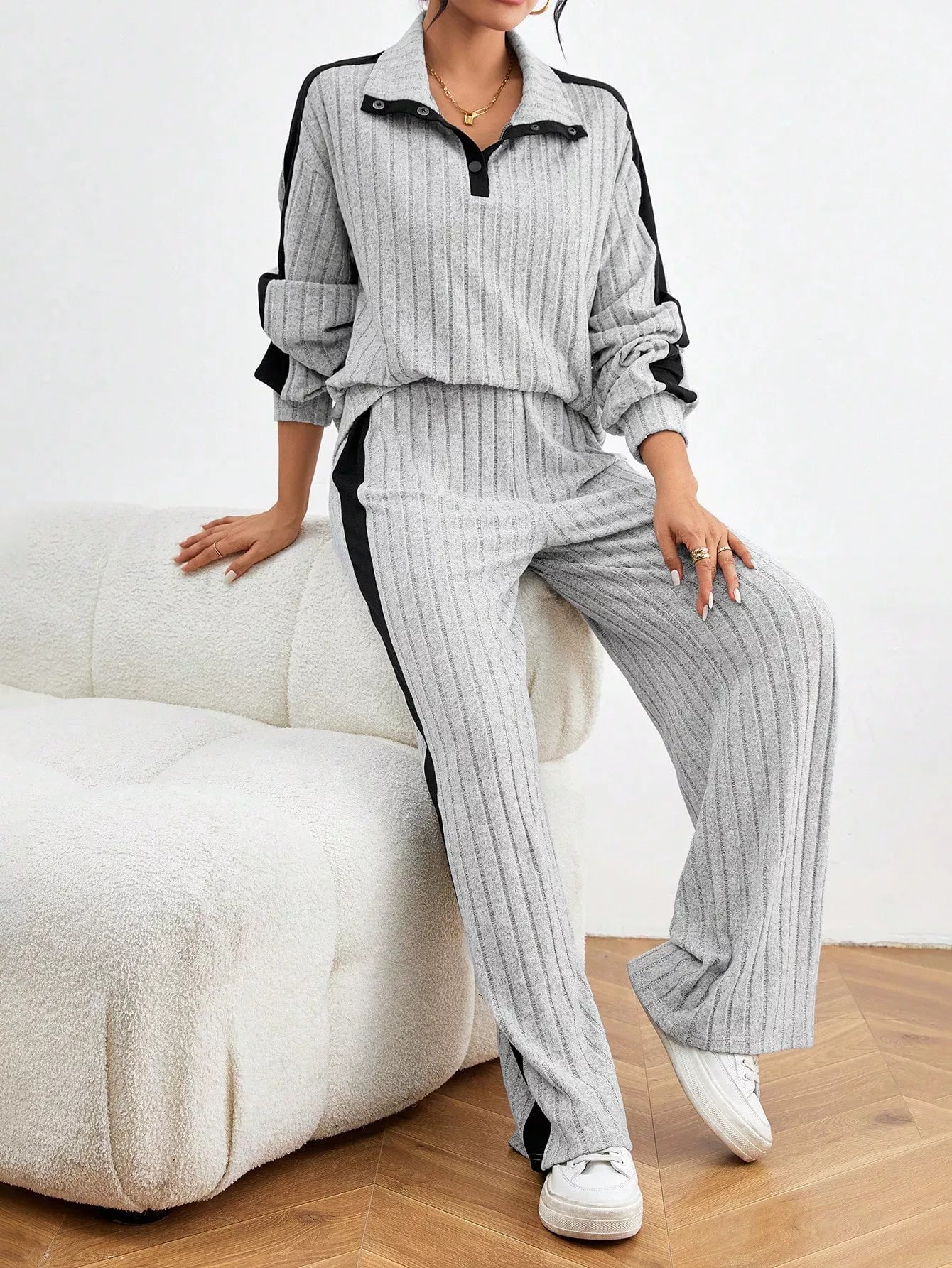 Ribbed Contrast Dropped Shoulder Top & Pants Co-ord Set