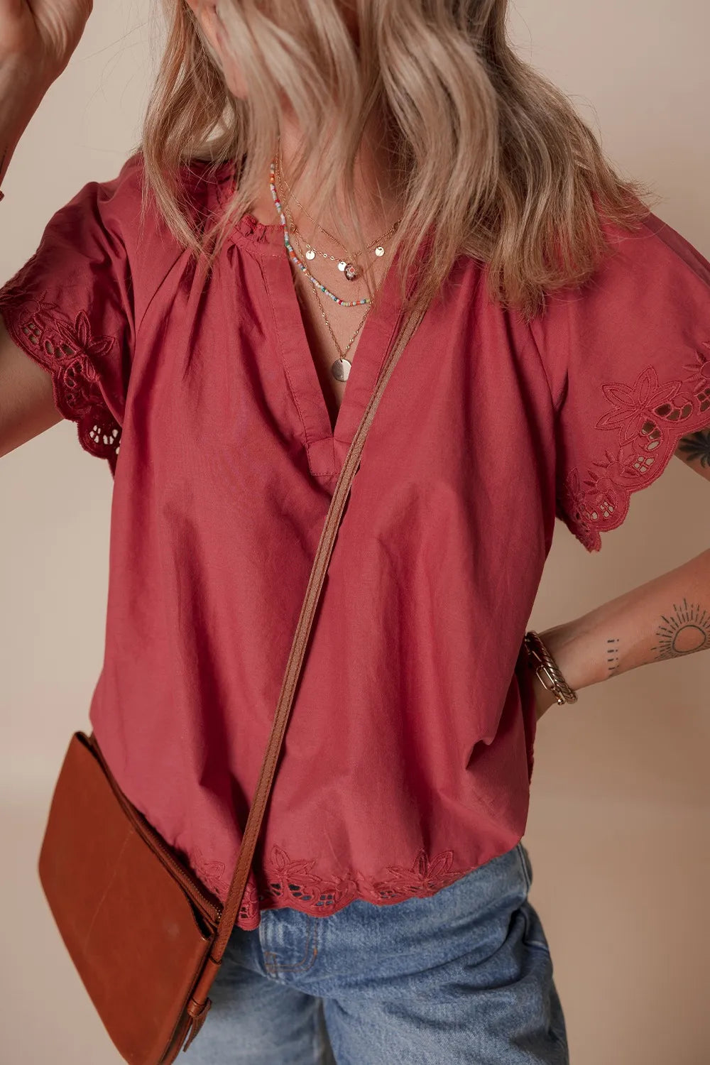 Floral Embroidered Scallop Trim Cotton Blouse