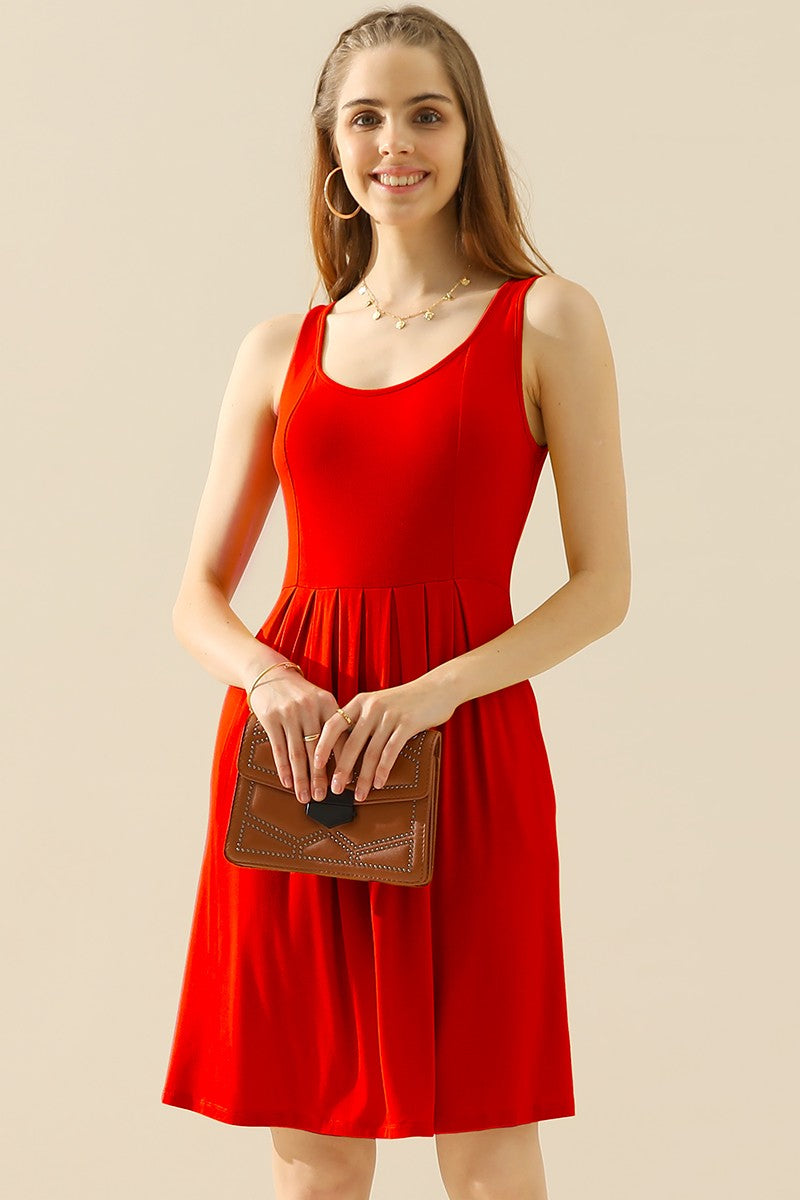 Doublju Full Size Round Neck Ruched Sleeveless Dress with Pockets Red