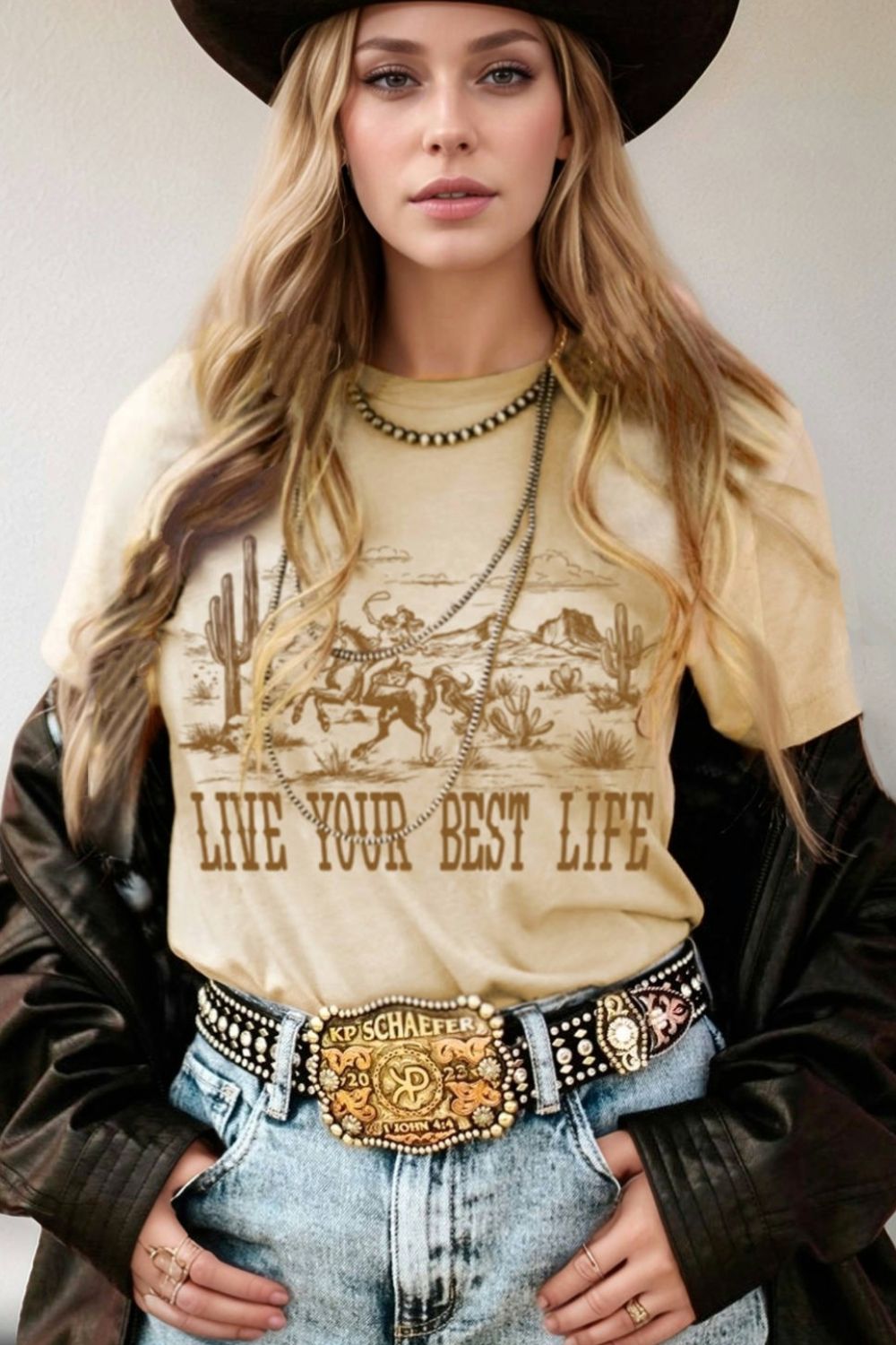 LIVE YOUR BEST LIFE Western Graphic T-Shirt - Trendy & Comfortable Beige