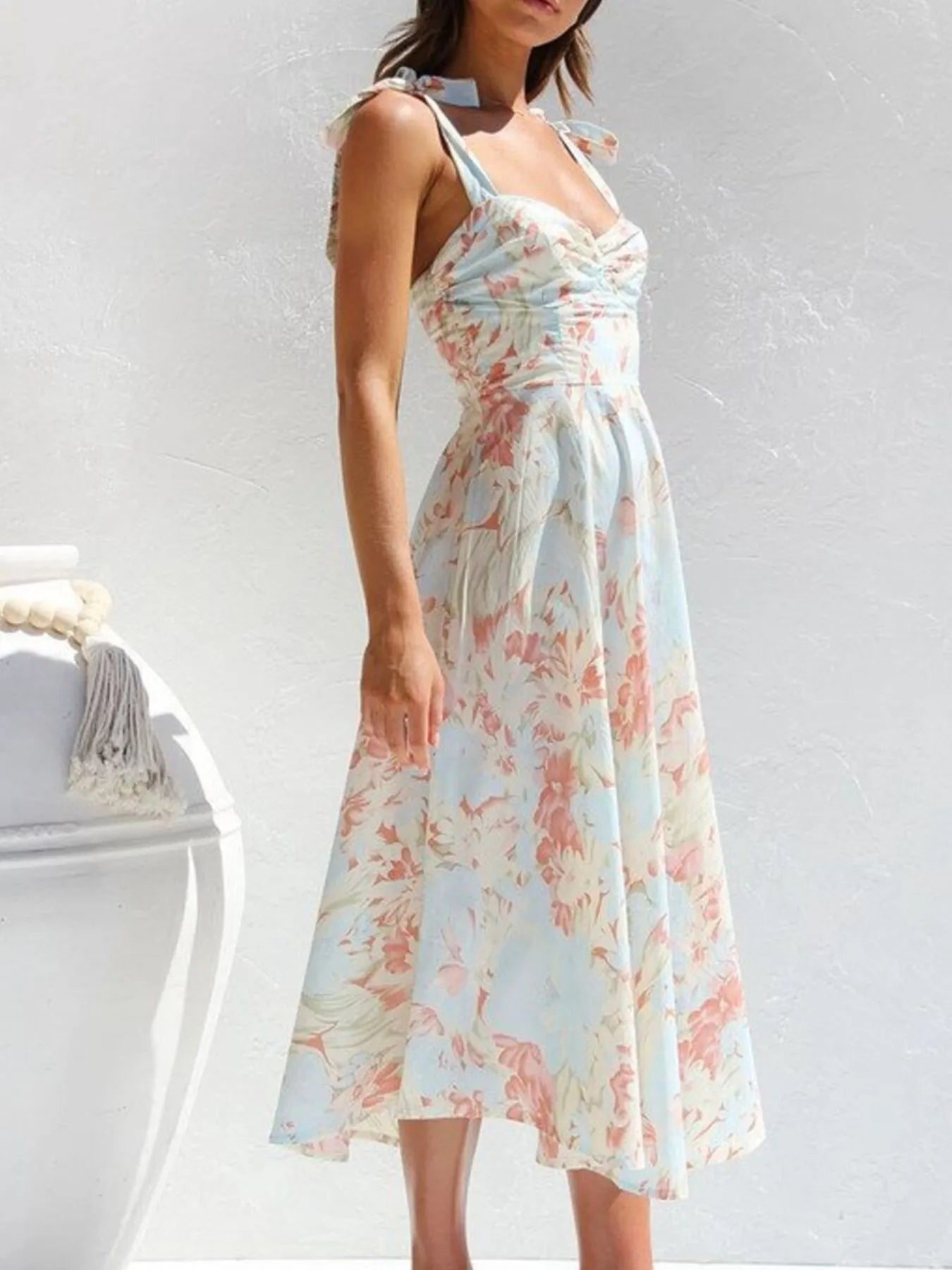 Floral Tie-Strap Sweetheart Neck Midi Dress – Elegant Summer Sleeveless Dress